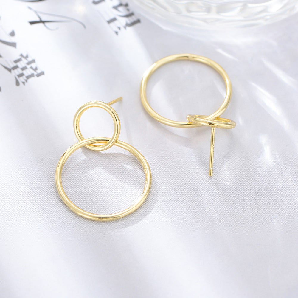 Fashion Simple 925 Sterling Silver Gold Plated Dangle Double Ring Hoop High Polished Stud Earrings