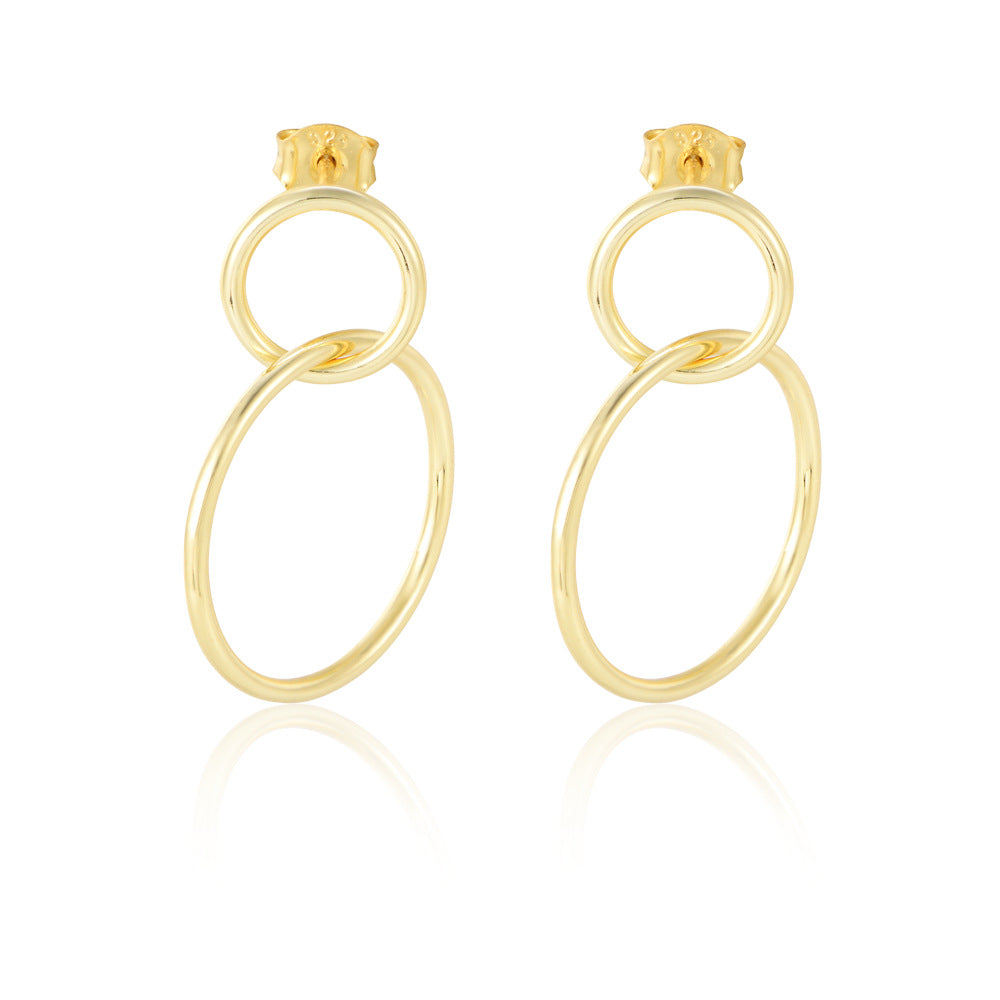 Fashion Simple 925 Sterling Silver Gold Plated Dangle Double Ring Hoop High Polished Stud Earrings