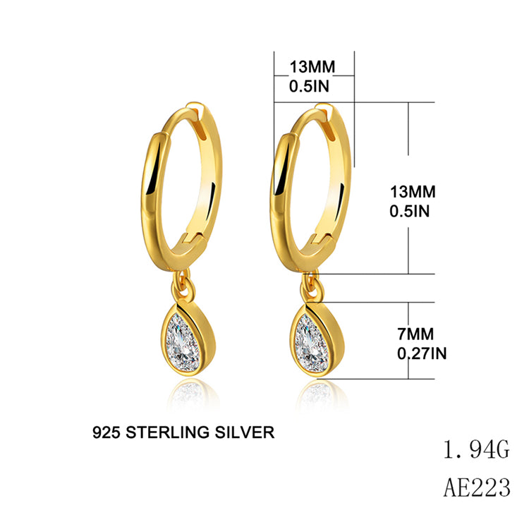 925 Sterling Silver Huggie Hoop Earrings Pear Cubic Zirconia Stones Drop Earring