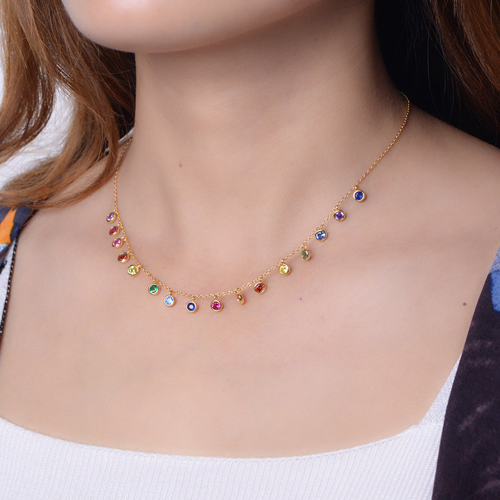 14K Gold Plated Rainbow Zirconia 925 Silver Fashion Necklace