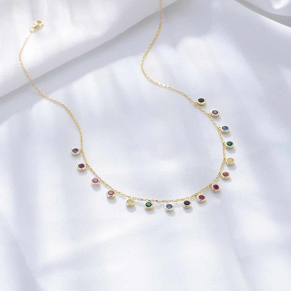 14K Gold Plated Rainbow Zirconia 925 Silver Fashion Necklace