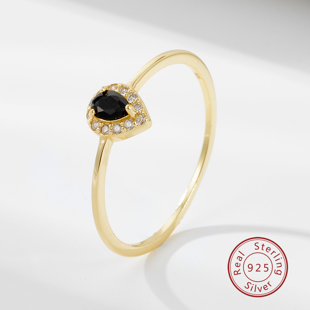 Fashion 925 Sterling Silver Gold Plated Pear Cut Black Zircon Ring