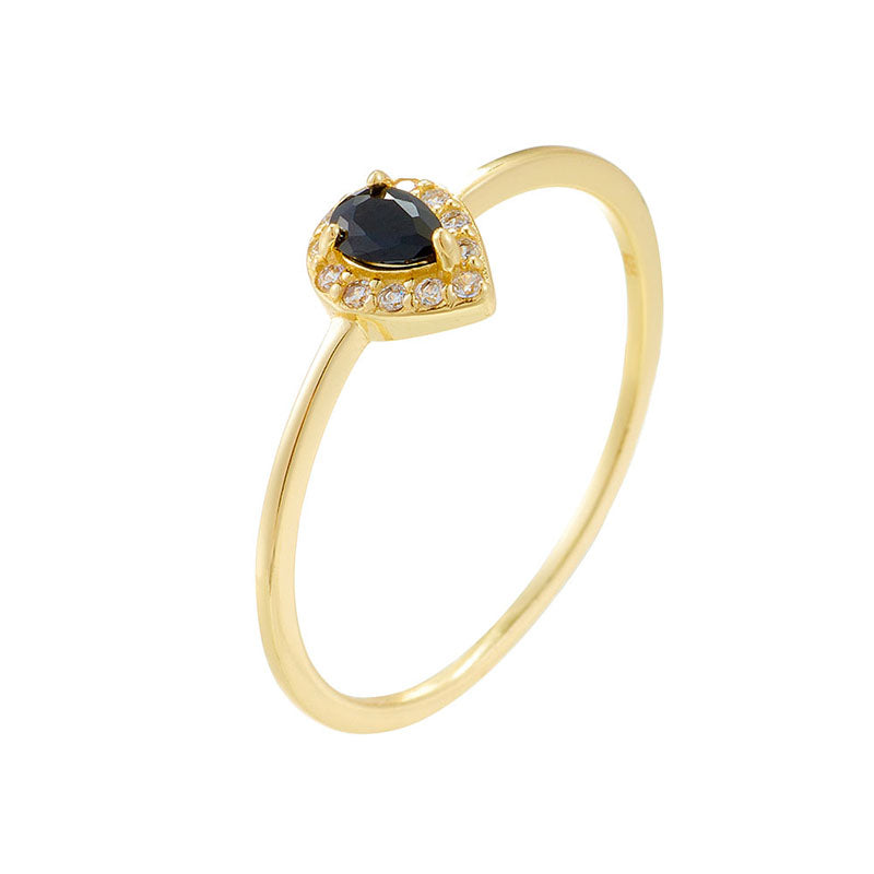 Fashion 925 Sterling Silver Gold Plated Pear Cut Black Zircon Ring