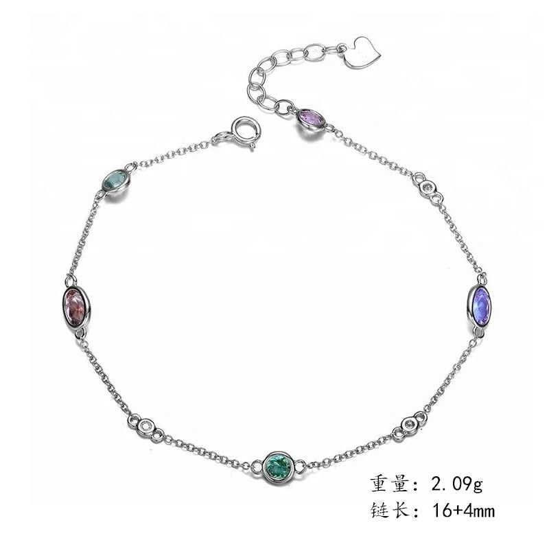 Delicate Adjustable Link Chain S925 Sterling Silver Simple Colorful Round Zircon Birthstone Charm Bracelet