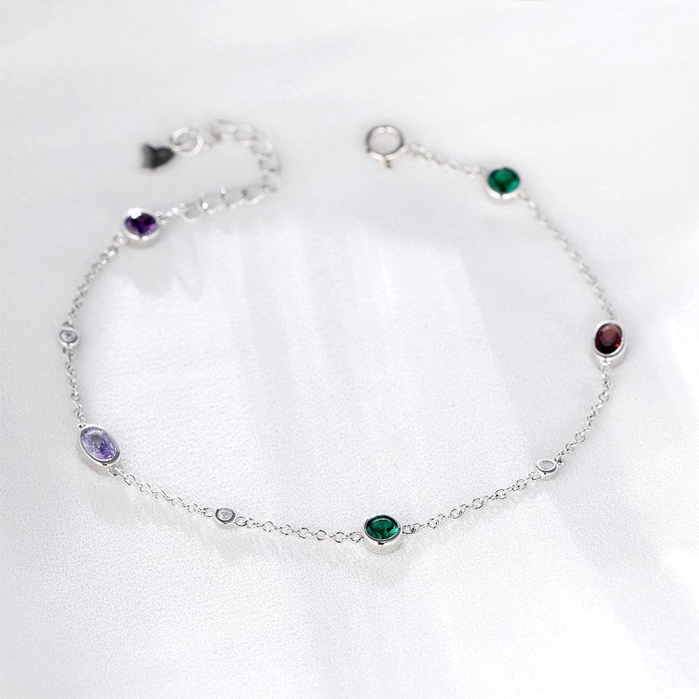 Delicate Adjustable Link Chain S925 Sterling Silver Simple Colorful Round Zircon Birthstone Charm Bracelet