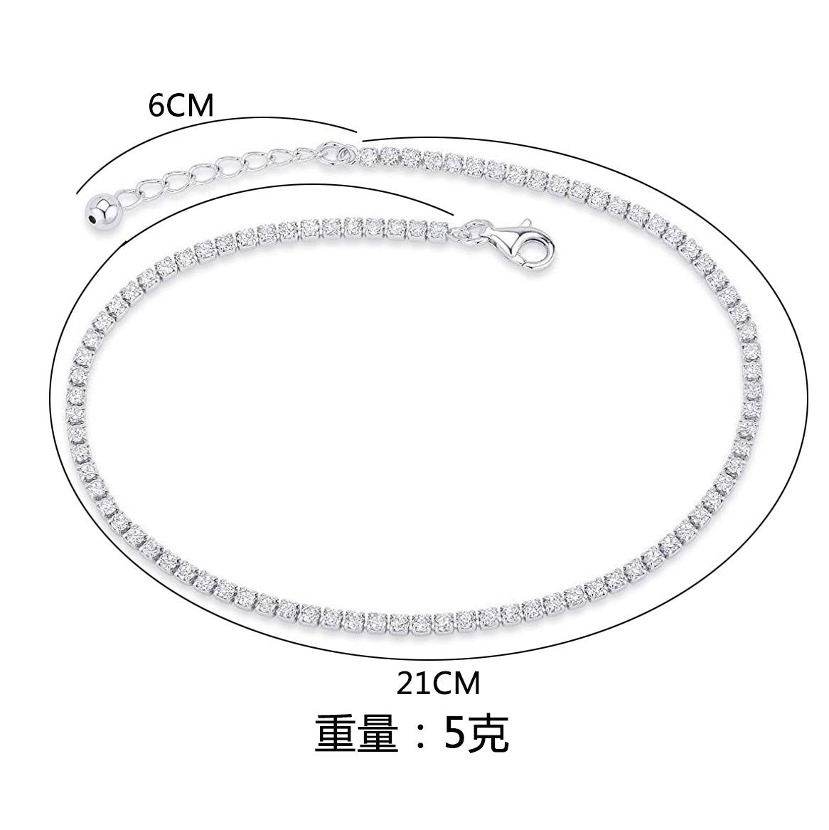 High Quality Exquisite 925 Sterling Silver Rhodium Plated Adjustable Zircon Tennis Anklet