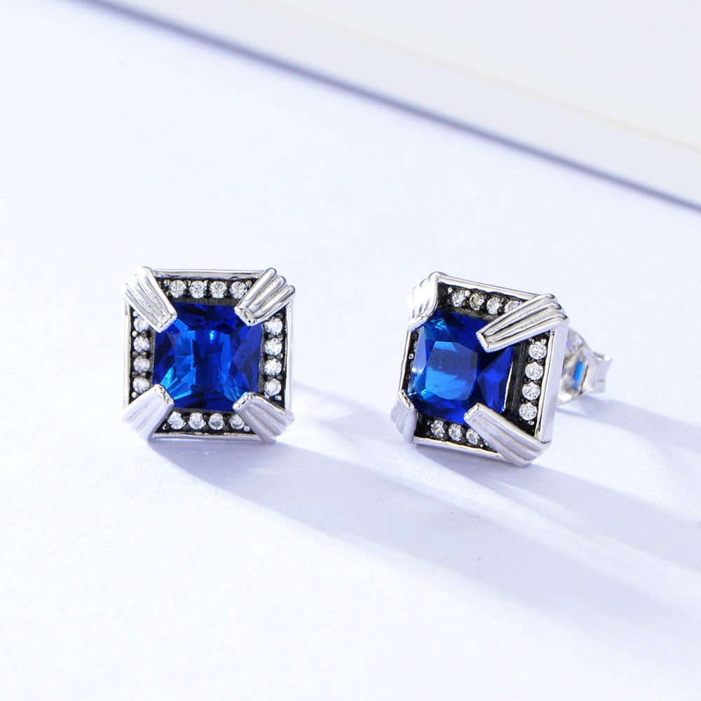 Fashion 925 Sterling Silver Single White Blue Black Zirconia Stud Earring Jewelry