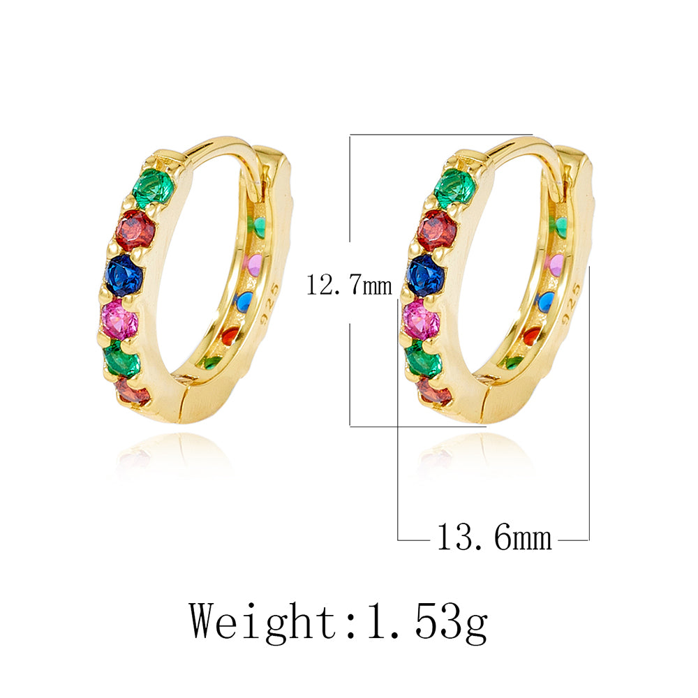 925 Silver 18K 14K Gold Plated Pave Rainbow Multicolor CZ Huggie Earrings