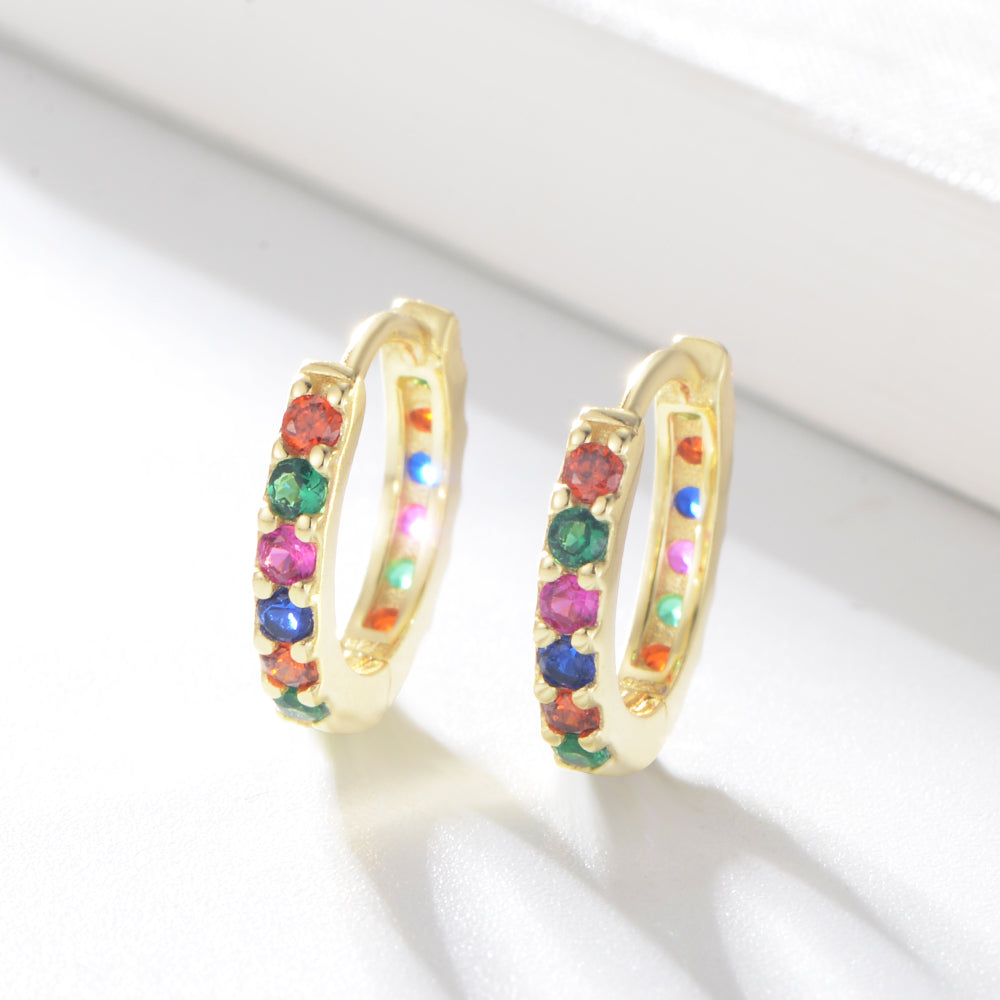 925 Silver 18K 14K Gold Plated Pave Rainbow Multicolor CZ Huggie Earrings