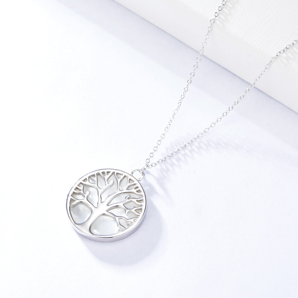 925 Sterling Silver Rhodium Plated Shell Tree of Life Necklace