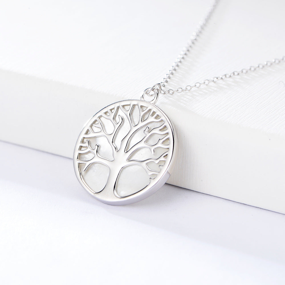 925 Sterling Silver Rhodium Plated Shell Tree of Life Necklace