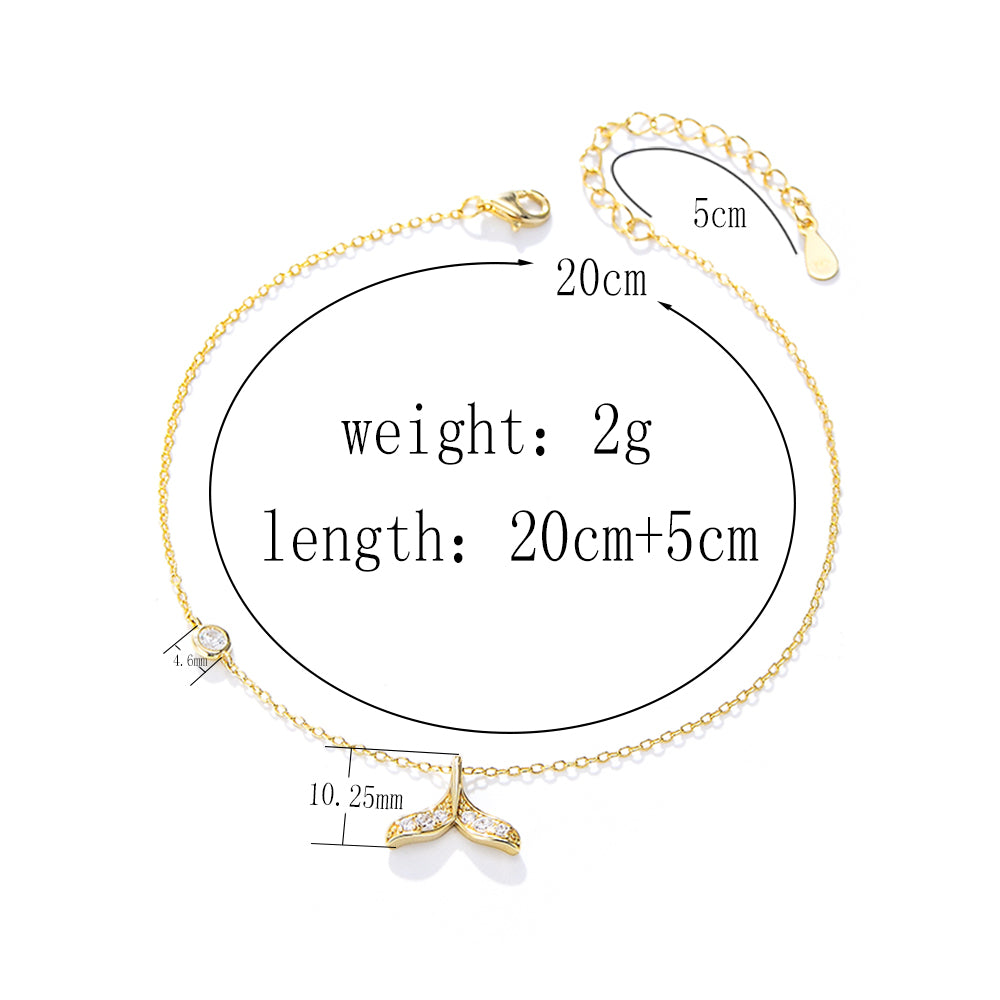 14K 18K Gold Plated Beach Mermaid Tail Chain Cubic Zircon 925 Sterling Silver Charm Anklets