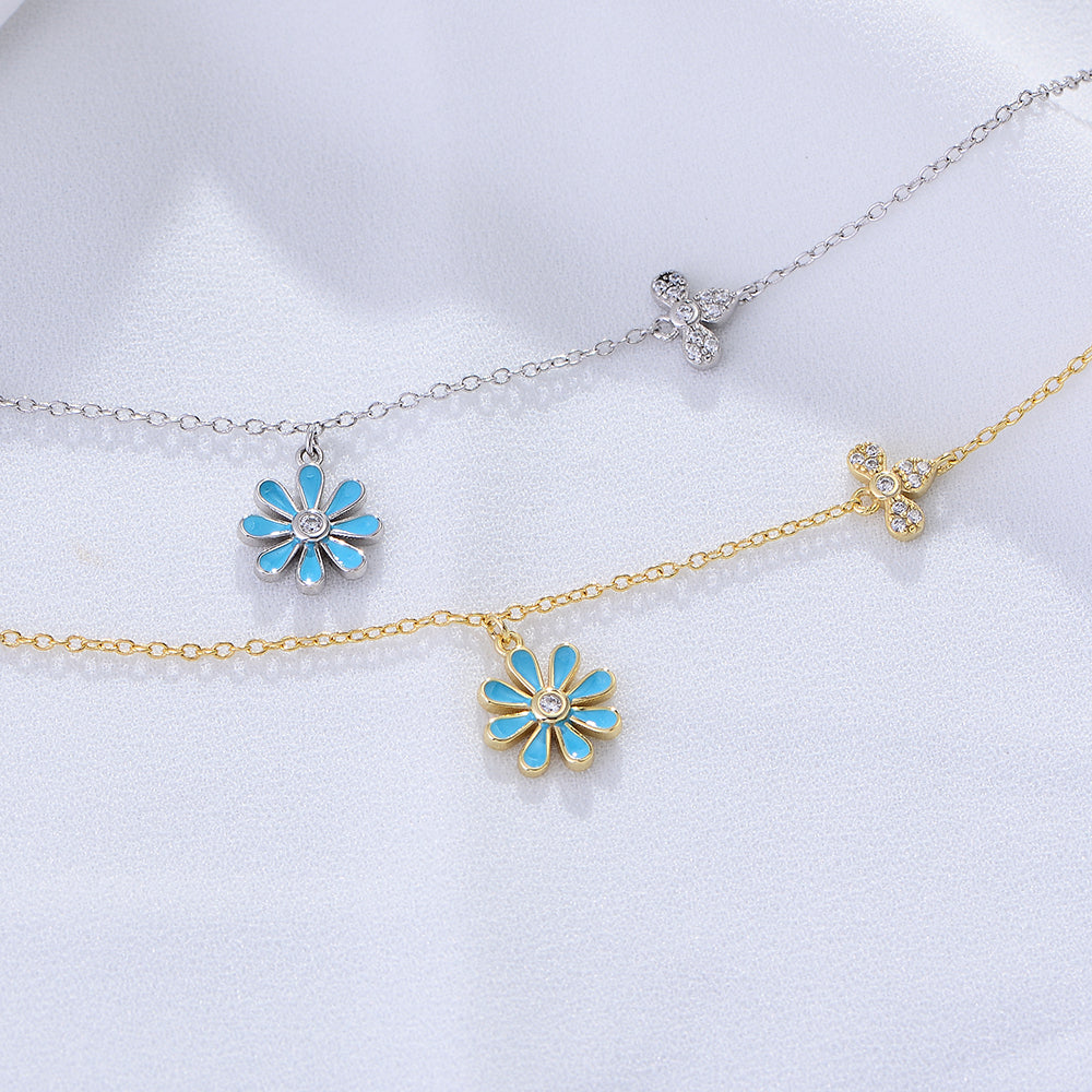 Enamel Flower Beach Style Light Blue Daisy Anklet