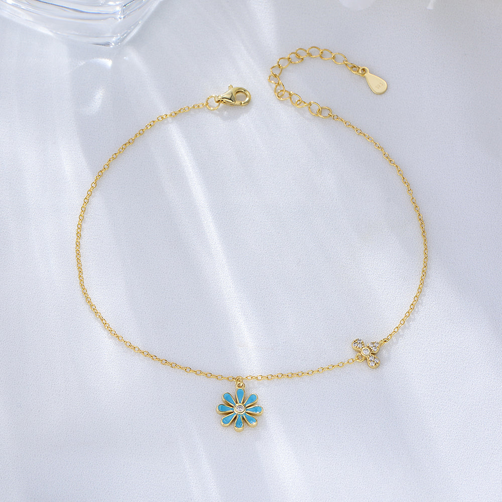 Enamel Flower Beach Style Light Blue Daisy Anklet