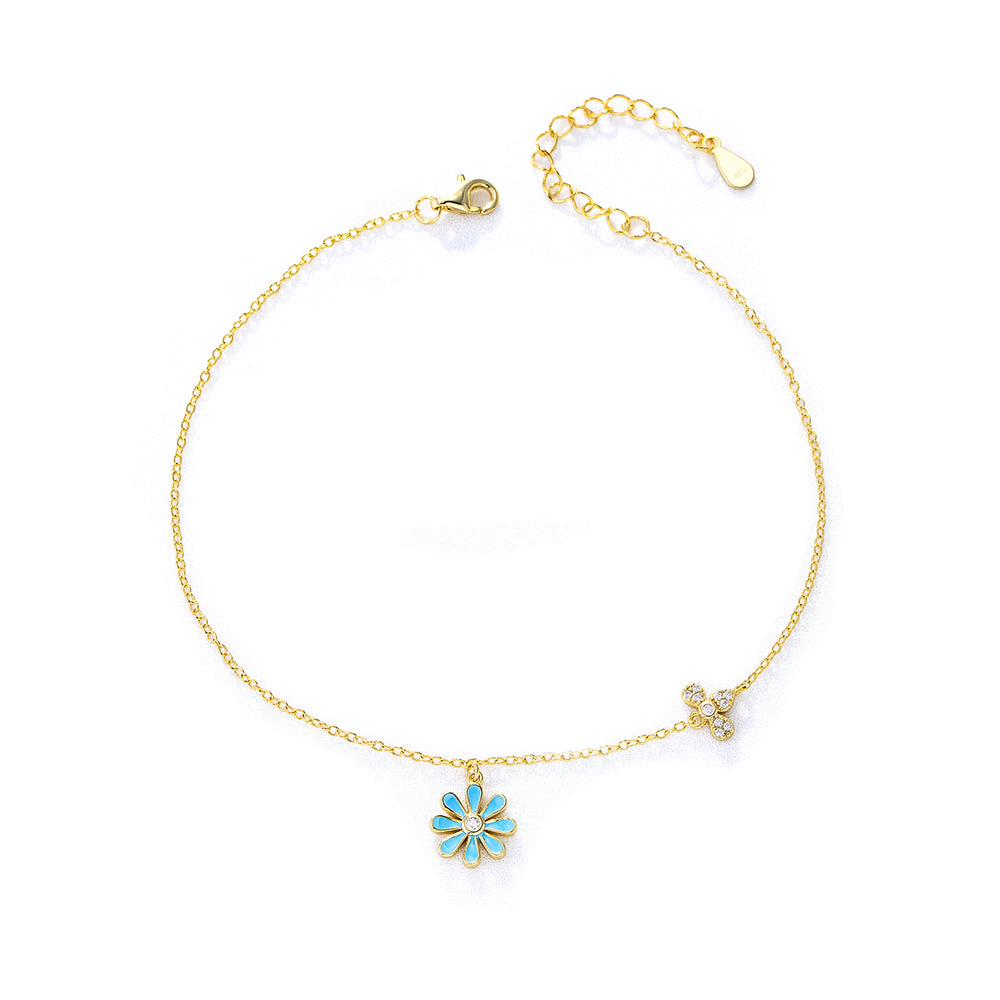 925 Sterling Silver Enamel Flower Beach Style Light Blue Daisy Anklet