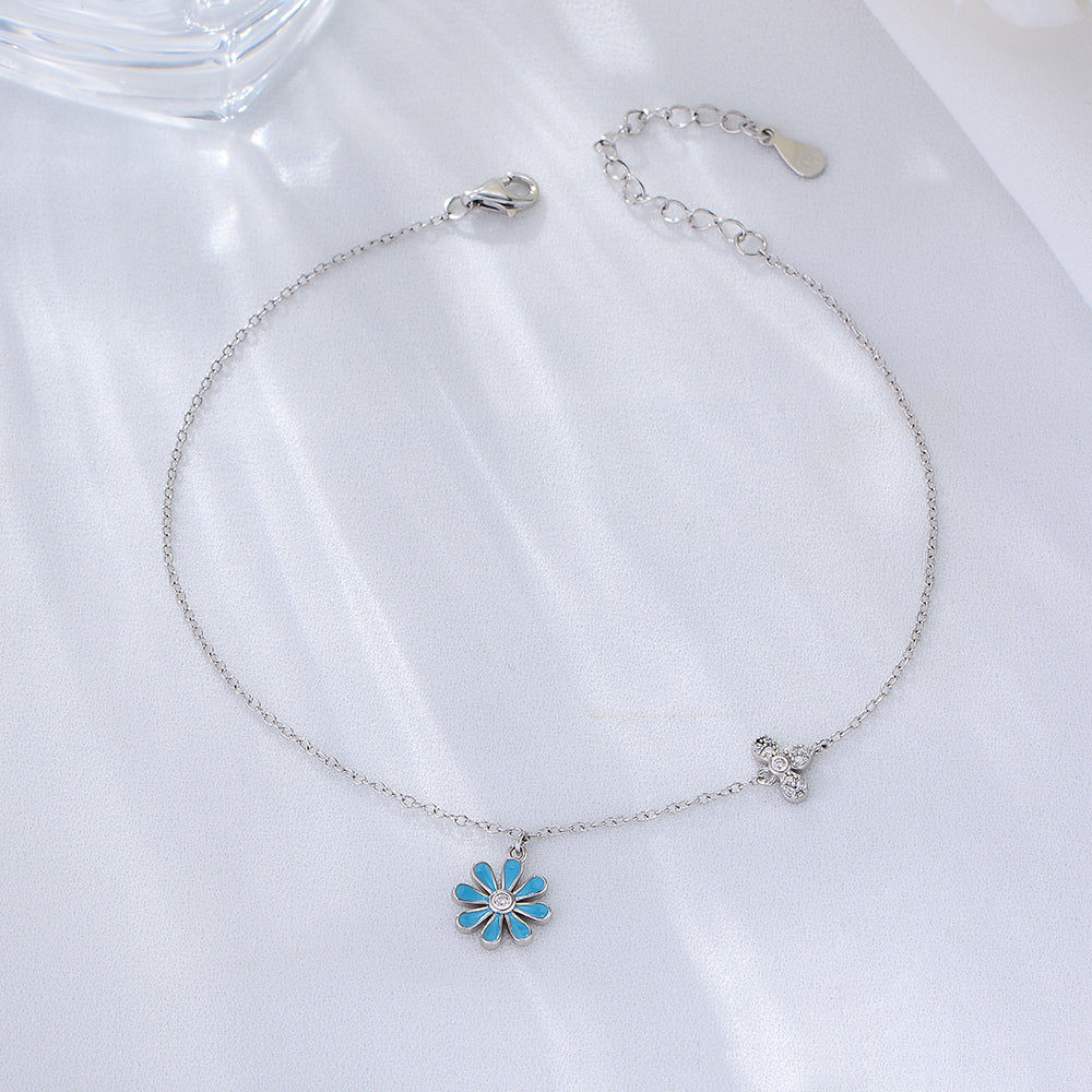 Enamel Flower Beach Style Light Blue Daisy Anklet