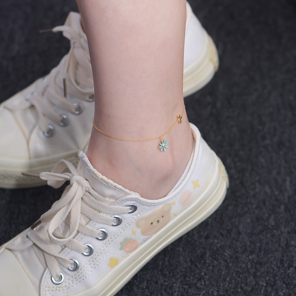 Enamel Flower Beach Style Light Blue Daisy Anklet
