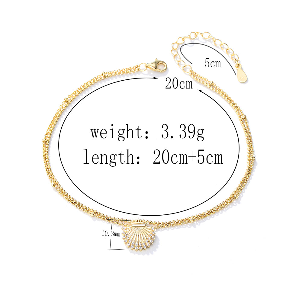 Summer Fashion 925 Silver Gold Plated Double Layer Chain Seashell Charm Beach Anklet