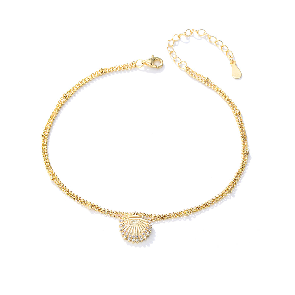 Summer Fashion 925 Silver Gold Plated Double Layer Chain Seashell Charm Beach Anklet