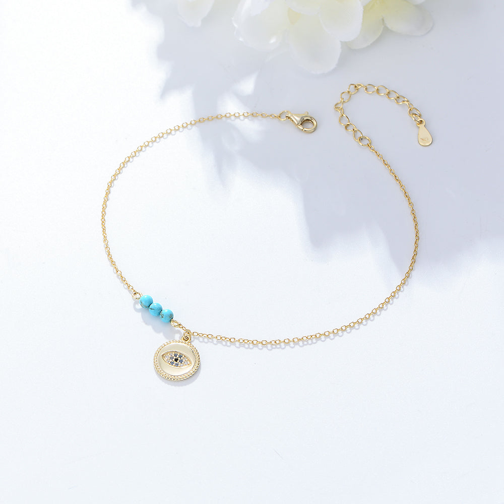 Gold Plated Bohemia Beach Turquoise Beaded Anklet 925 Sterling Silver Evil Eye Anklets