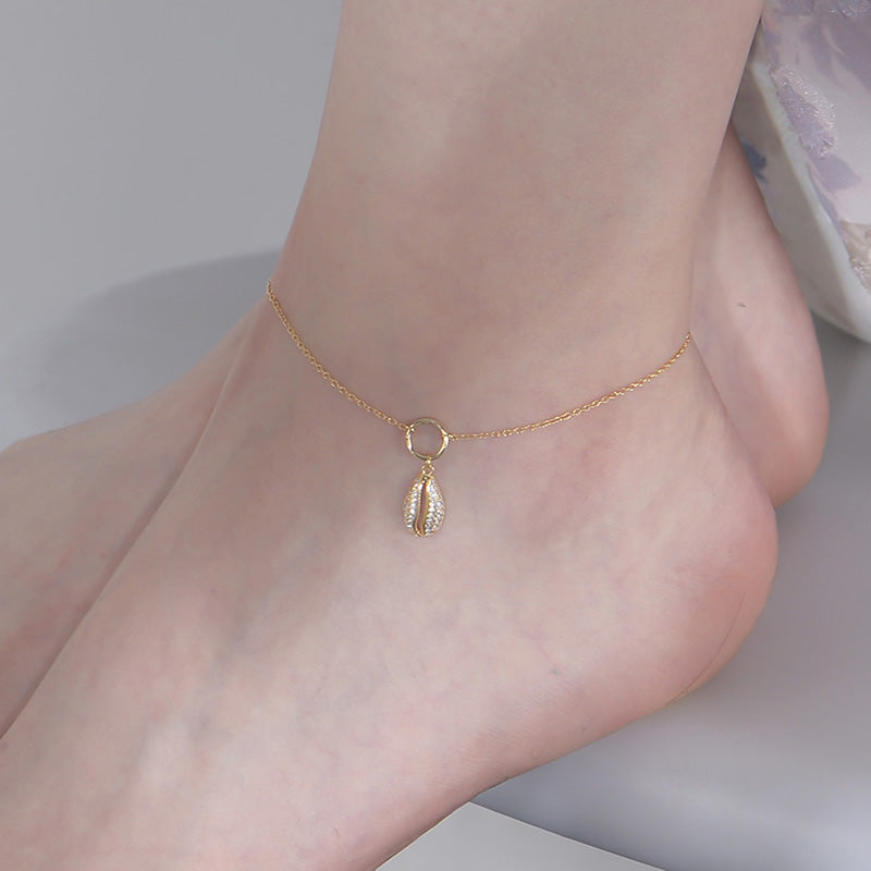 Fashion 925 Silver Pave Zircon Shell Charm Women Gold Plated Anklets