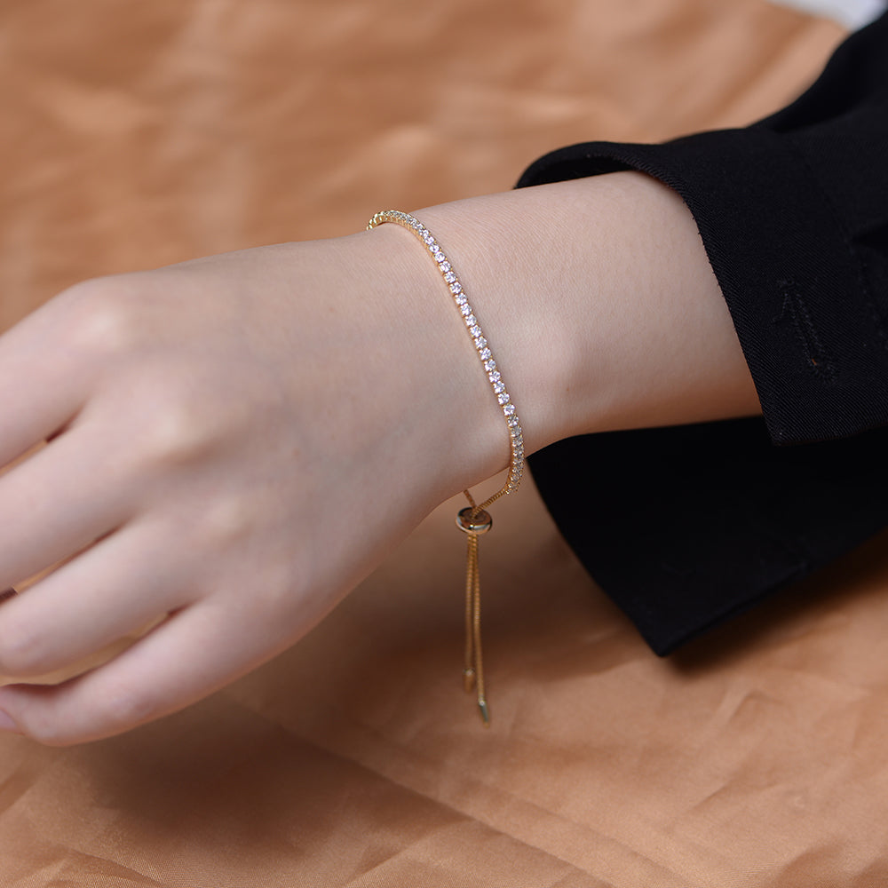 925 Sterling Silver Full Diamond CZ Zirconia Gold Plated Adjustable Round Tennis Bracelet