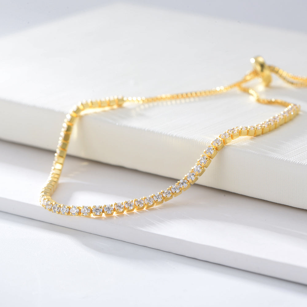 925 Sterling Silver Full Diamond CZ Zirconia Gold Plated Adjustable Round Tennis Bracelet
