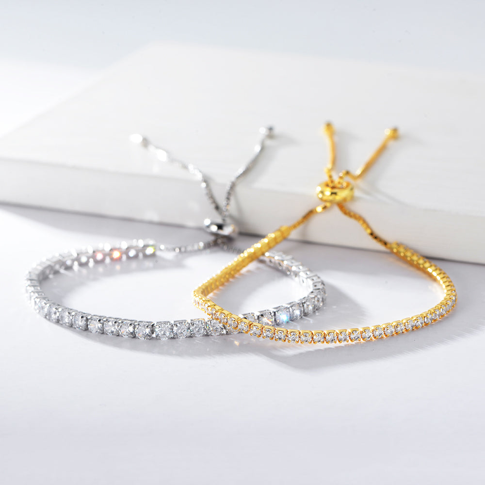 925 Sterling Silver Full Diamond CZ Zirconia Gold Plated Adjustable Round Tennis Bracelet