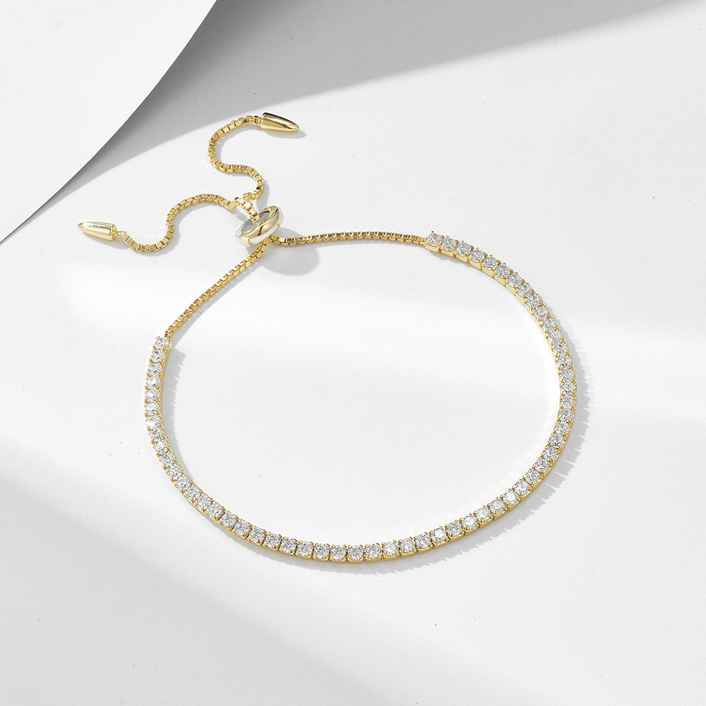 925 Sterling Silver Full Diamond CZ Zirconia Gold Plated Adjustable Round Tennis Bracelet
