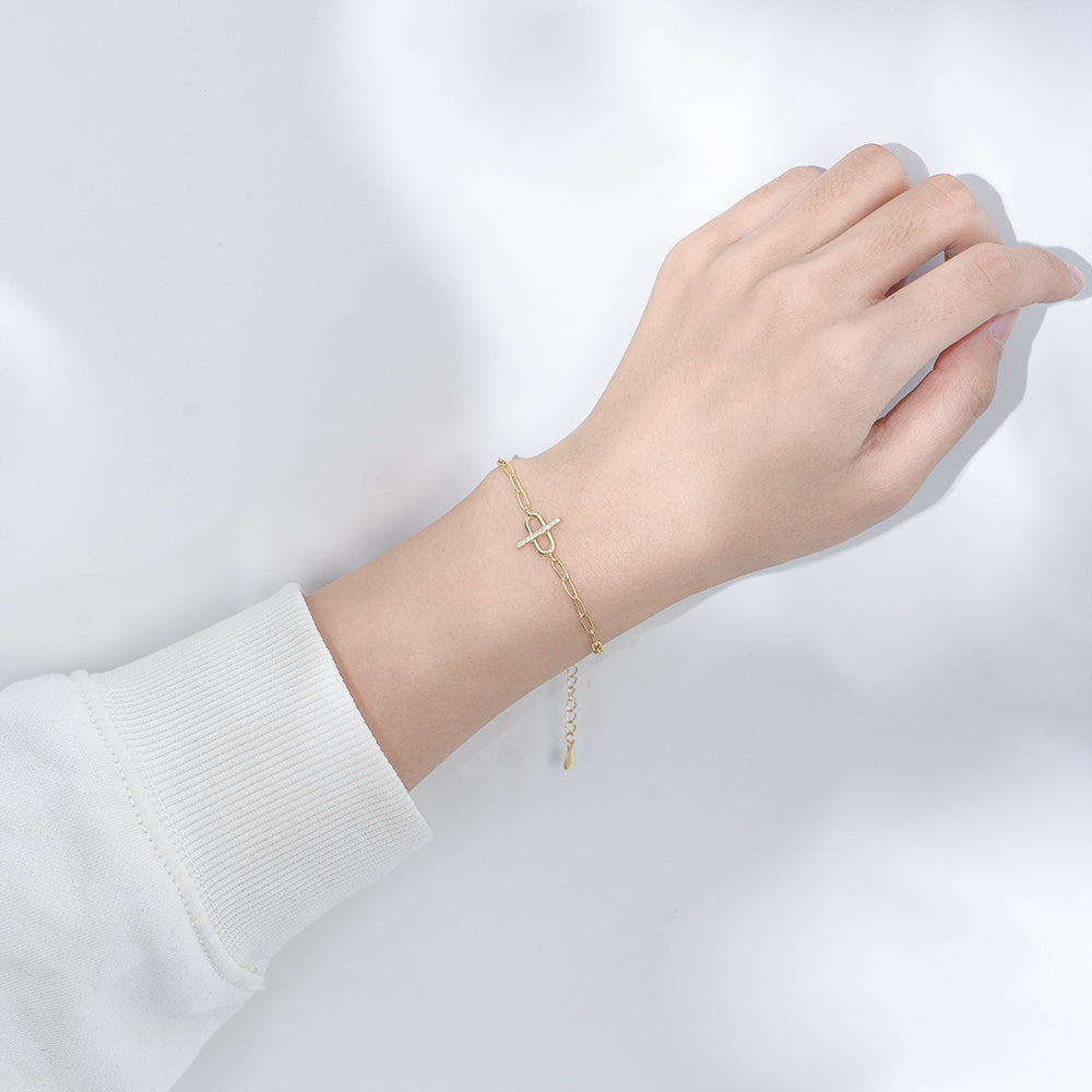 Zircon Gold Plated Curb Chain Cross Paper Clip Bracelet