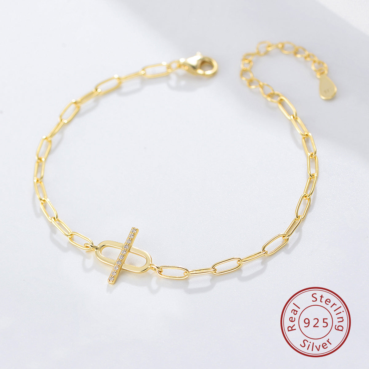 Zircon Gold Plated Curb Chain Cross Paper Clip Bracelet