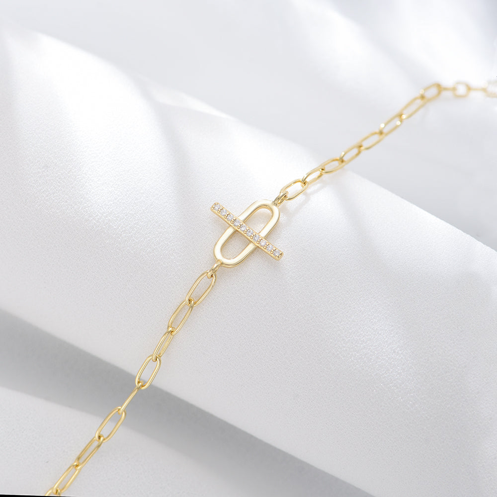 Zircon Gold Plated Curb Chain Cross Paper Clip Bracelet