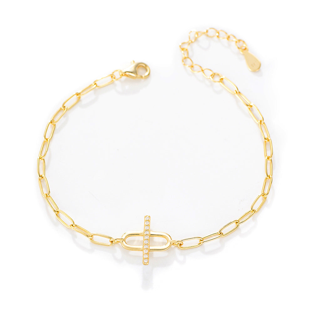 925 Sterling Silver Zircon Gold Plated Curb Chain Cross Paper Clip Bracelet