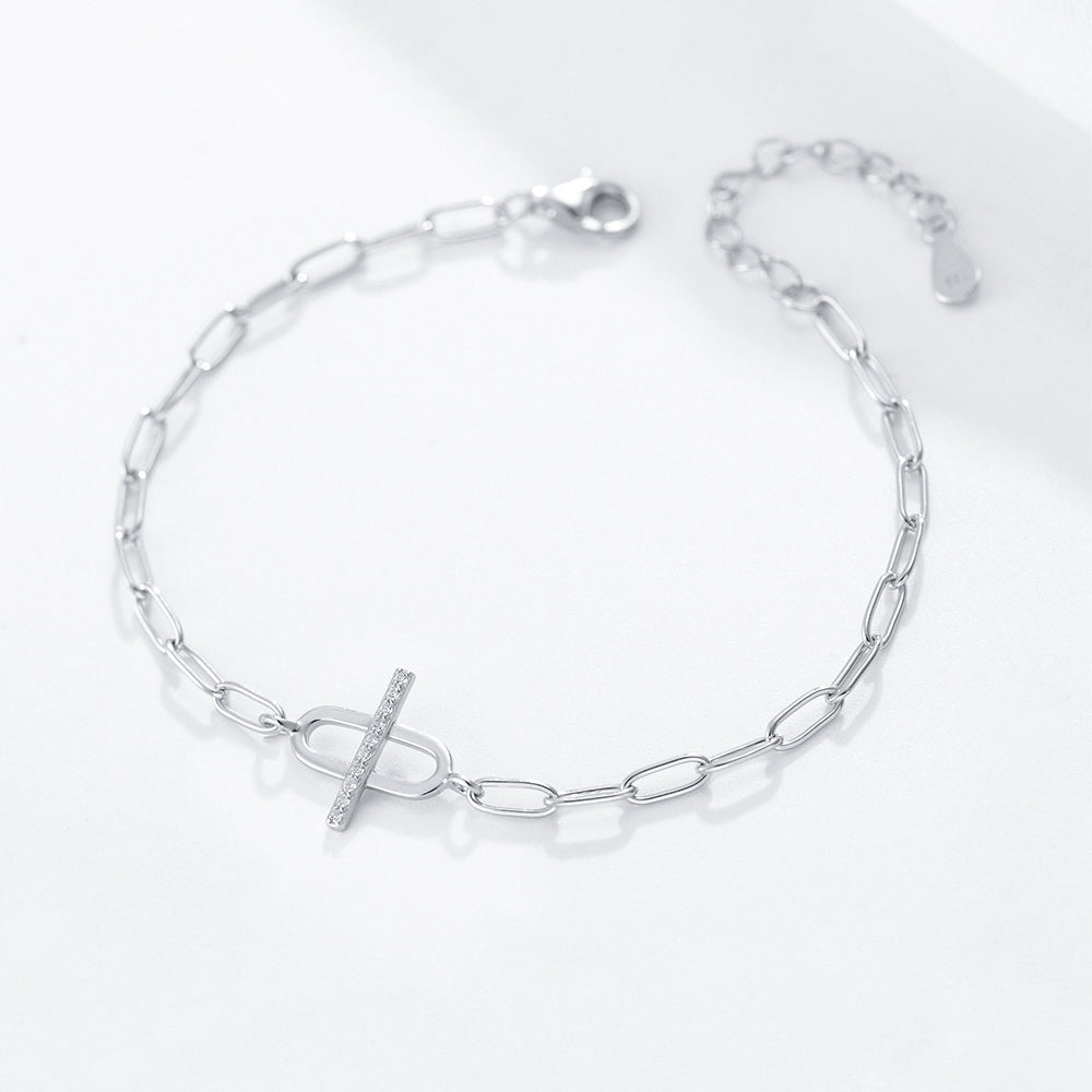 Zircon Gold Plated Curb Chain Cross Paper Clip Bracelet