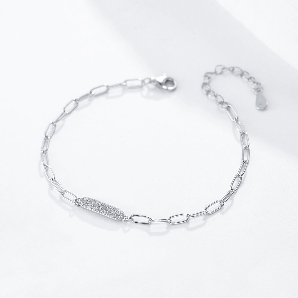 Classic Paper Clip Chain Zirconia Bar Charm Bracelet