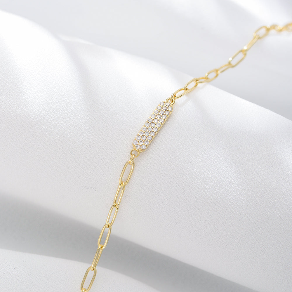 Classic Paper Clip Chain Zirconia Bar Charm Bracelet