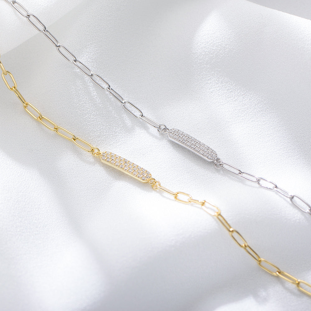 Classic Paper Clip Chain Zirconia Bar Charm Bracelet
