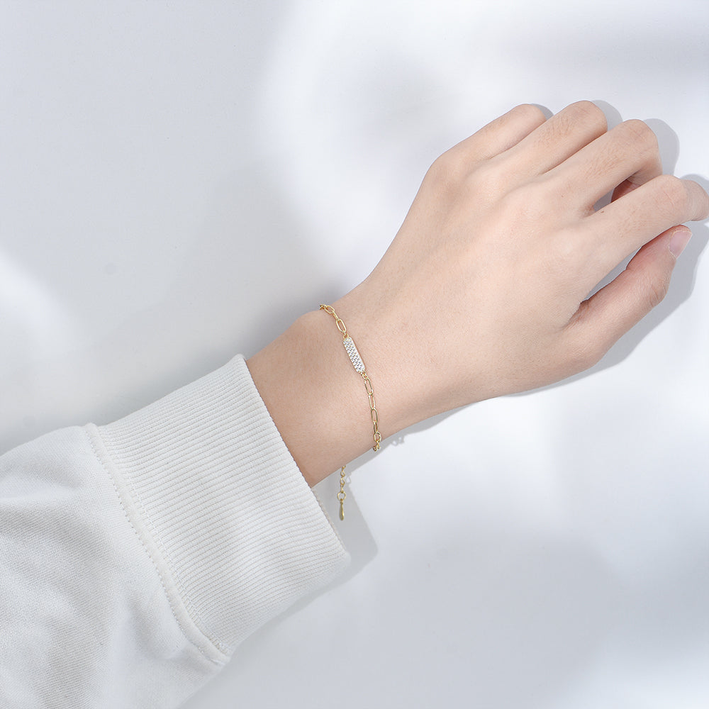 Classic Paper Clip Chain Zirconia Bar Charm Bracelet