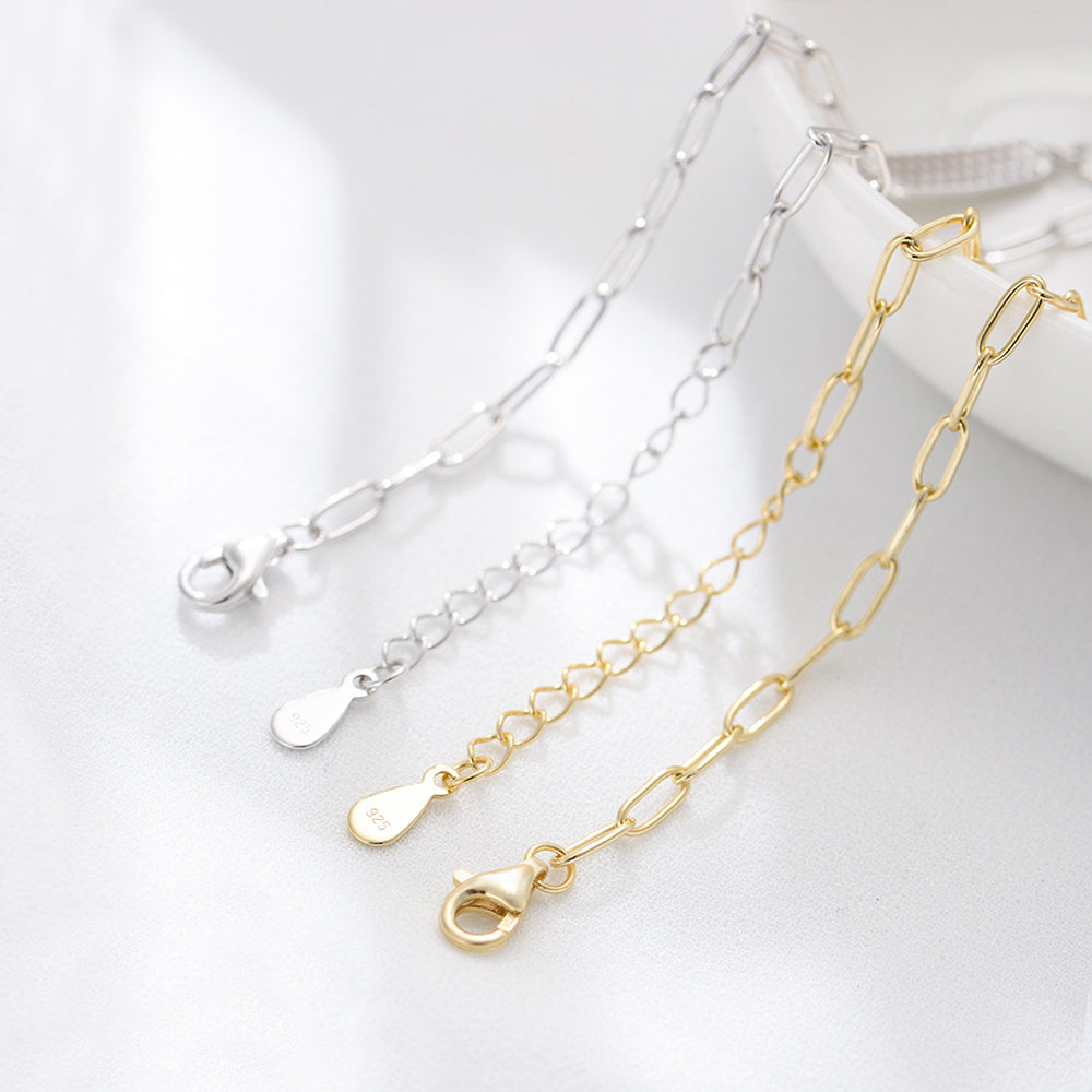 Classic Paper Clip Chain Zirconia Bar Charm Bracelet