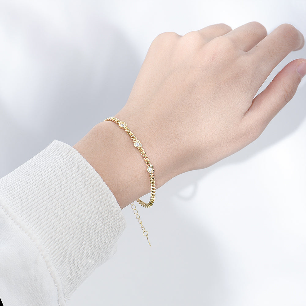 Heart White CZ Multi-Charms Women Curb Chain Jewelry Bracelet