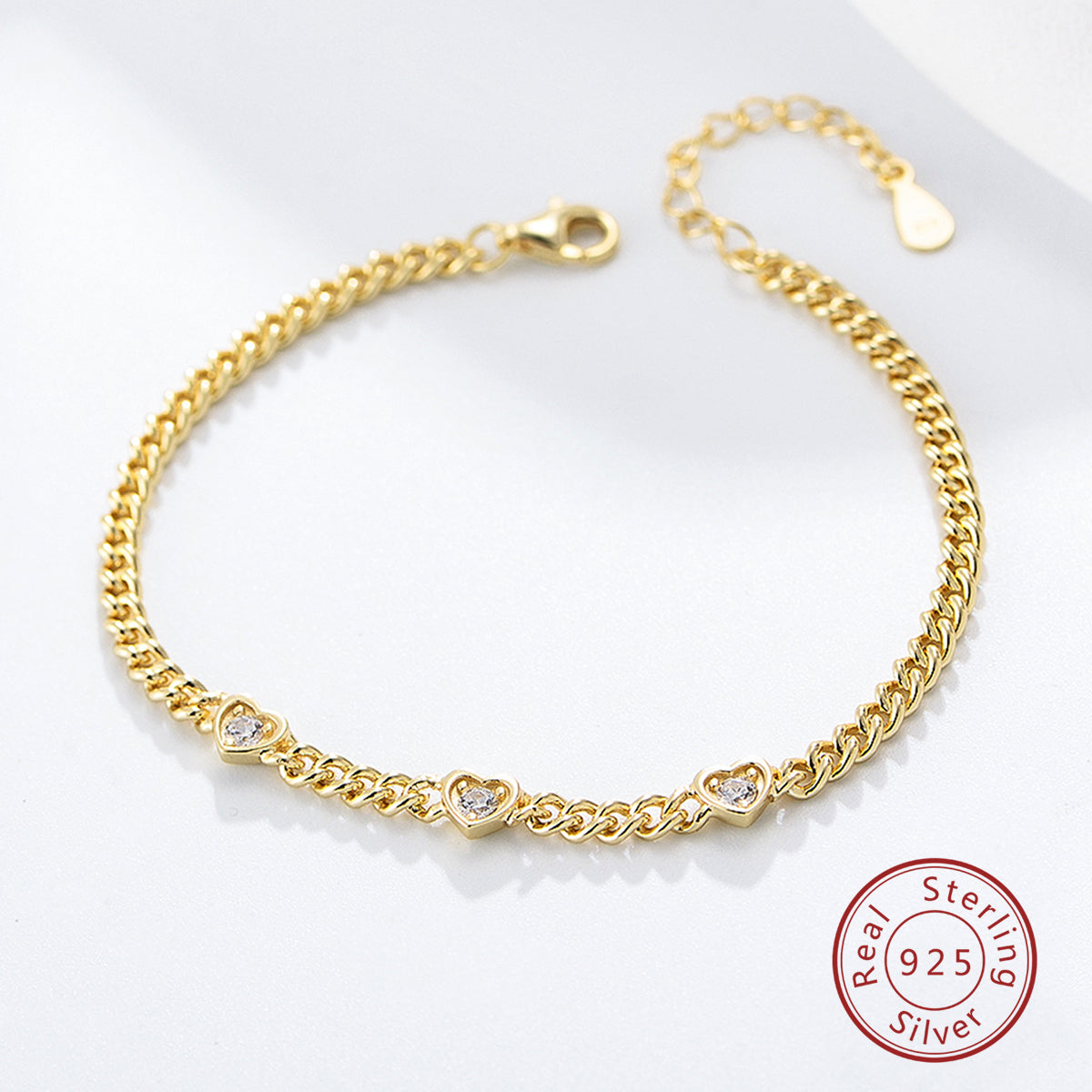 Heart White CZ Multi-Charms Women Curb Chain Jewelry Bracelet