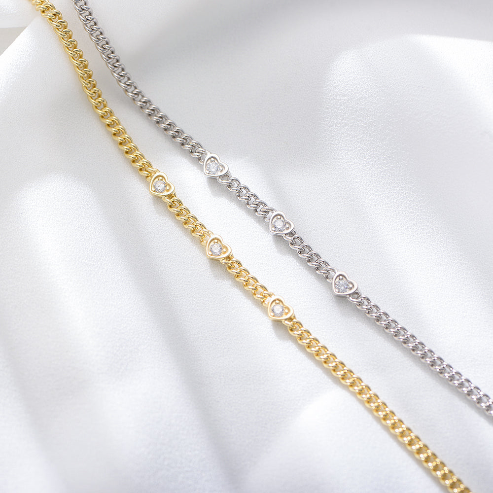Heart White CZ Multi-Charms Women Curb Chain Jewelry Bracelet