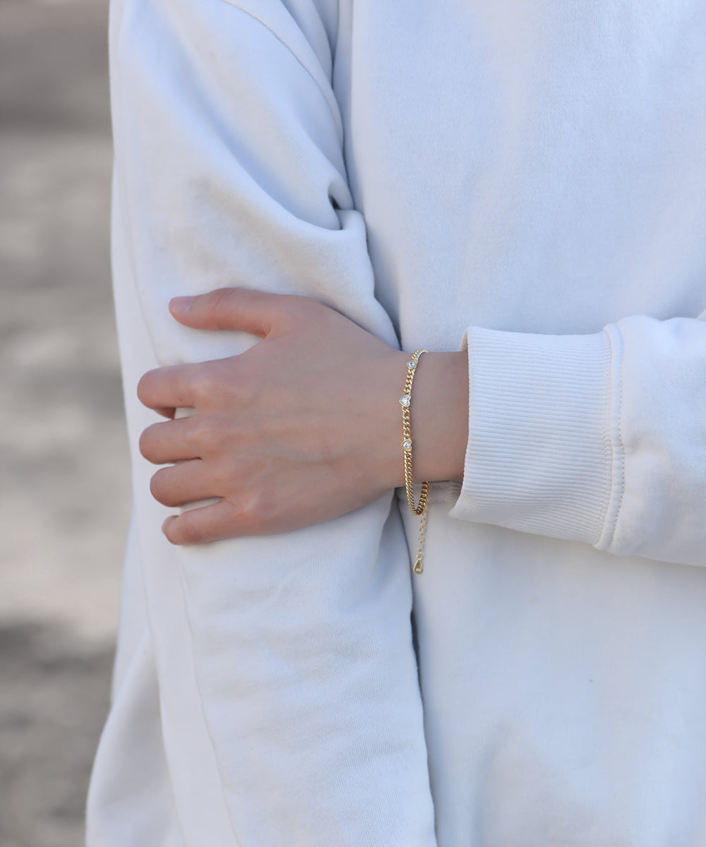 Heart White CZ Multi-Charms Women Curb Chain Jewelry Bracelet