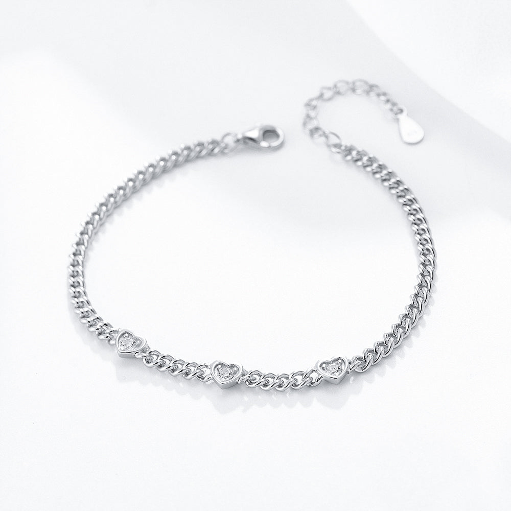 Heart White CZ Multi-Charms Women Curb Chain Jewelry Bracelet
