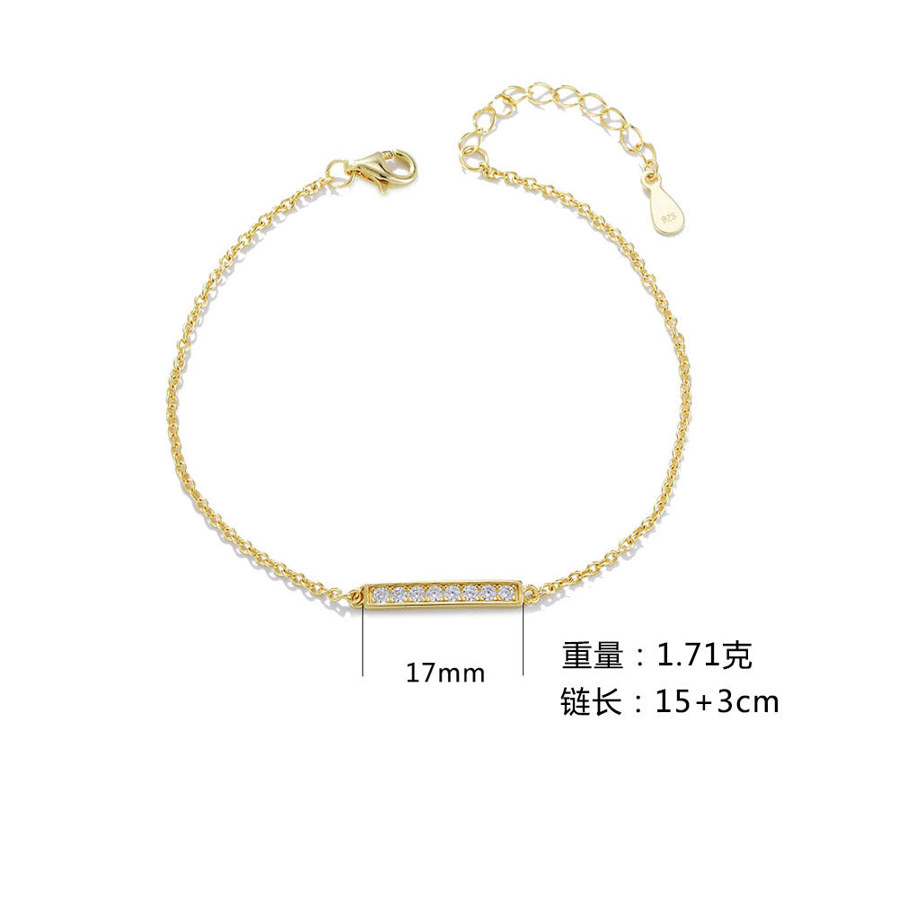 Fashion 925 Sterling Silver Gold Plated Cubic Zirconia Simple Bar Chian Bracelet Jewelry