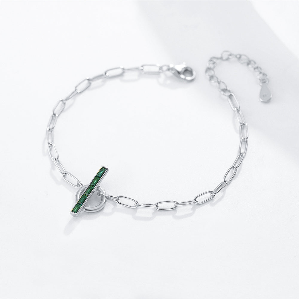 Trendy  T-Bar Emerald CZ Paper Clip Link Chain Bracelet