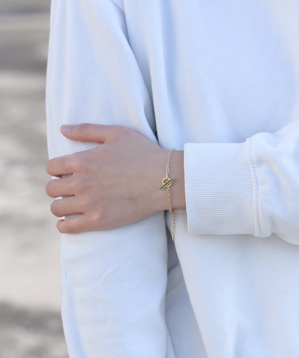 Trendy  T-Bar Emerald CZ Paper Clip Link Chain Bracelet