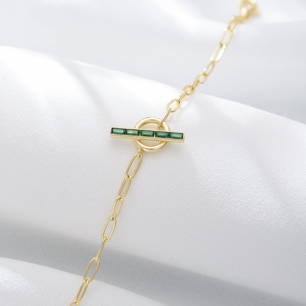 Trendy  T-Bar Emerald CZ Paper Clip Link Chain Bracelet