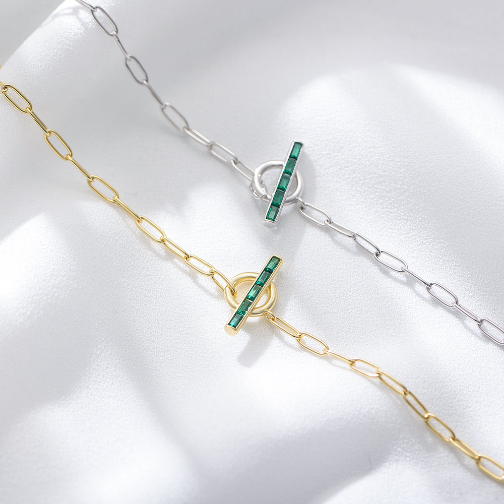 Trendy  T-Bar Emerald CZ Paper Clip Link Chain Bracelet