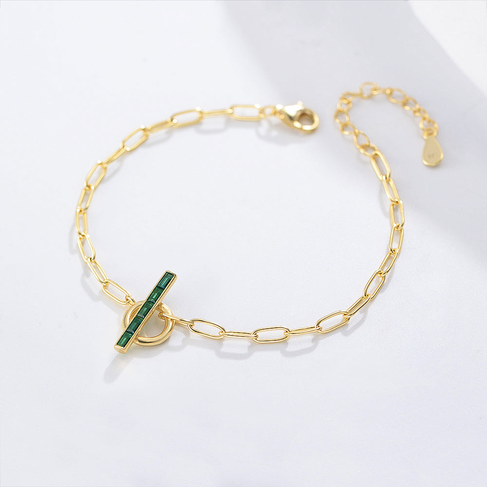 Trendy  T-Bar Emerald CZ Paper Clip Link Chain Bracelet